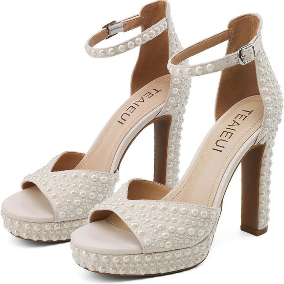 Pearl Rhinestone Heels Women Chunky Block Platform Bridal Shoes 80s Style - Picture 4 of 6